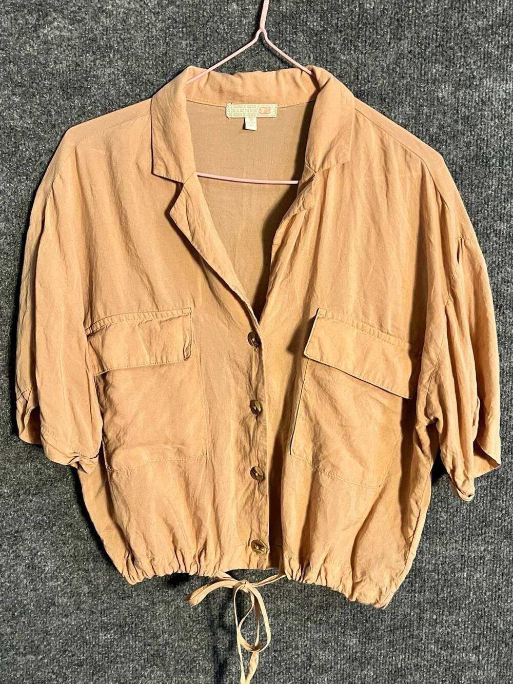 GB Button Up Top Size S Peach Rayon Tencel Short Sleeve Collared 003-133